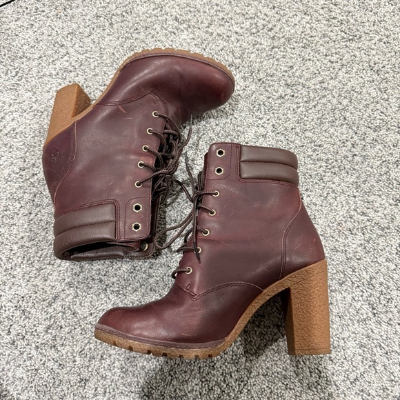 Timberland Tillston Full Grain Burgundy Block Heel Ankle Combat Boots US 7.5 - Picture 6 of 11